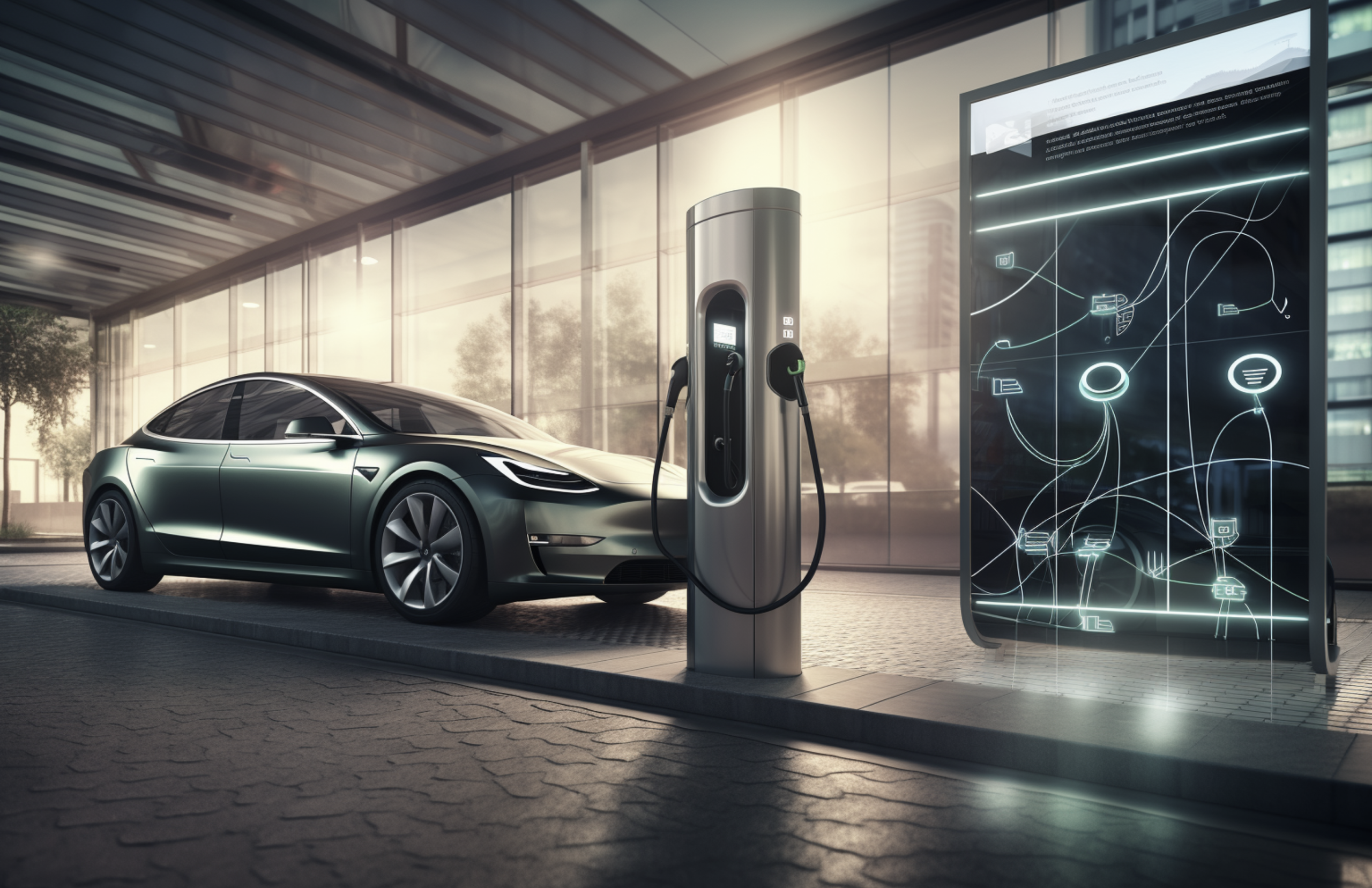A futuristic Electric vehicle charging station with a massive screen showcasing the charging statistics