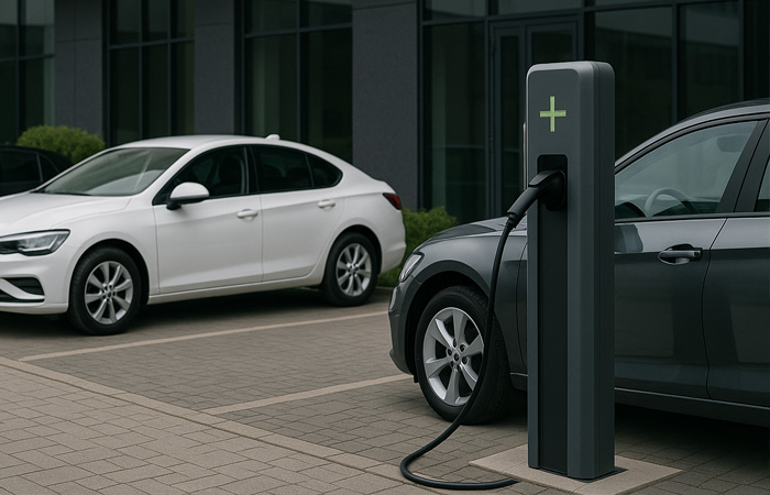 Drie elektrische voertuigen laden op bij moderne laadstations voor een strak kantoorgebouw.