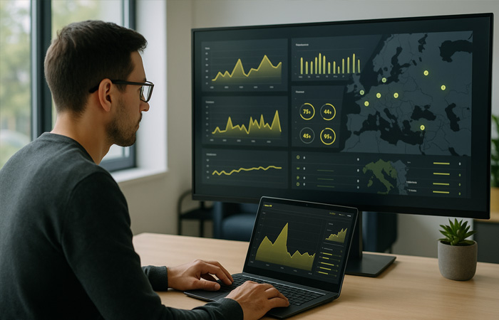 Man monitort laaddata via laptop en groot scherm met grafieken en een Europese kaart.