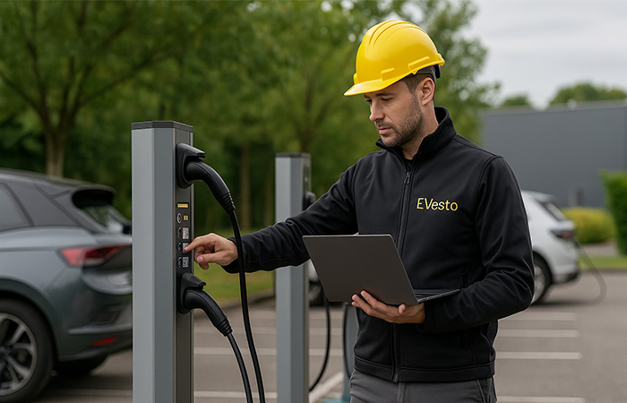 Technicus in zwarte jas en gele helm werkt aan een EV-laadstation met laptop in de hand.