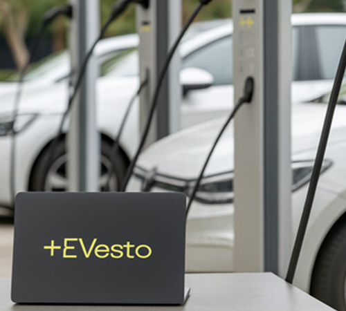 Laptop met Evesto-logo voor een rij elektrische auto's die worden opgeladen aan laadpalen – zakelijke laadinfrastructuur in beeld.