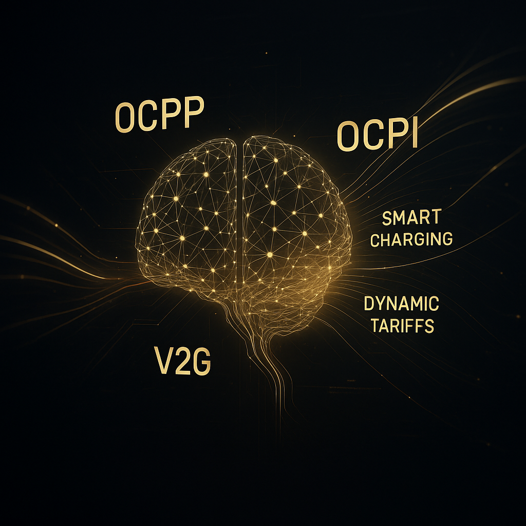 Digital illustration of a glowing neural network shaped like a brain, symbolizing the connection between OCPP and OCPI in a futuristic EV charging ecosystem