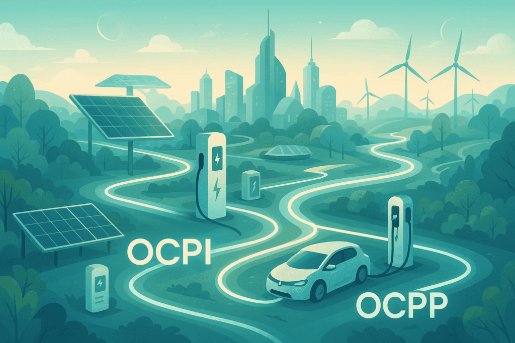 Futuristic landscape illustration of a smart city powered by solar panels, EVs, and wind turbines, with glowing paths labeled OCPI and OCPP representing energy and data flow.