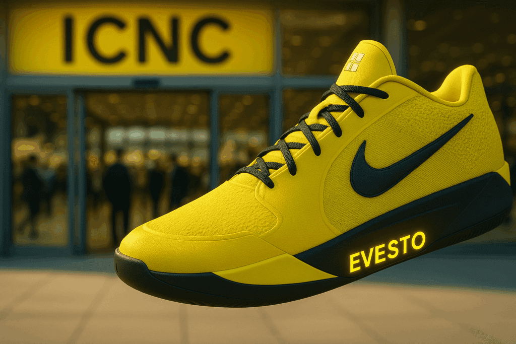 Close-up of a bright yellow Evesto sneaker in focus, with blurred background showing sliding doors leading into the ICNC trade fair entrance.