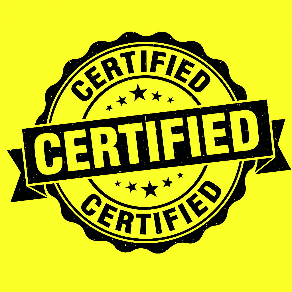 Gecertificeerd-stempel in Evesto-geel als visuele bevestiging van de Gireve-certificering