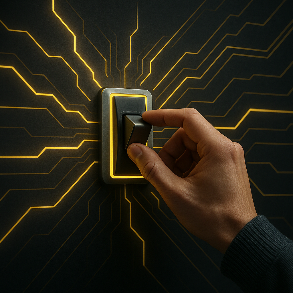A close-up of a hand flipping a futuristic switch, with glowing yellow energy lines symbolizing EVesto CPMS turning myths into reality.