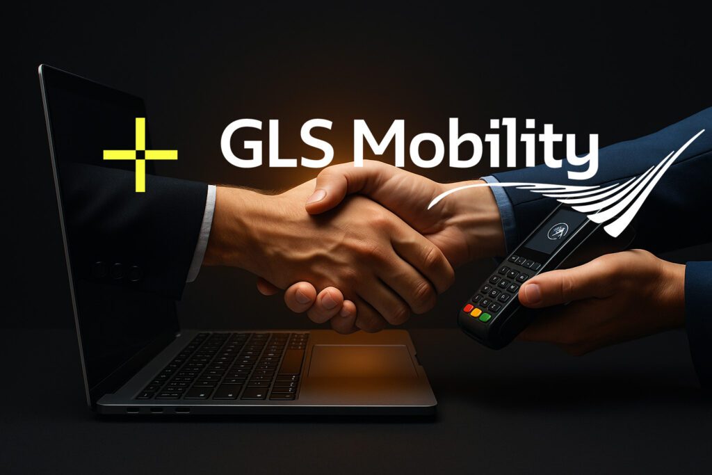 Two business hands shaking, one emerging from a laptop and the other from a payment terminal, symbolizing the partnership between EVesto and GLS Mobility.