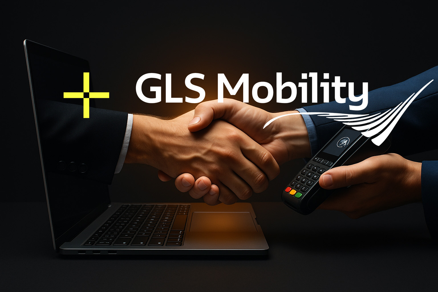 Two business hands shaking, one emerging from a laptop and the other from a payment terminal, symbolizing the partnership between EVesto and GLS Mobility.