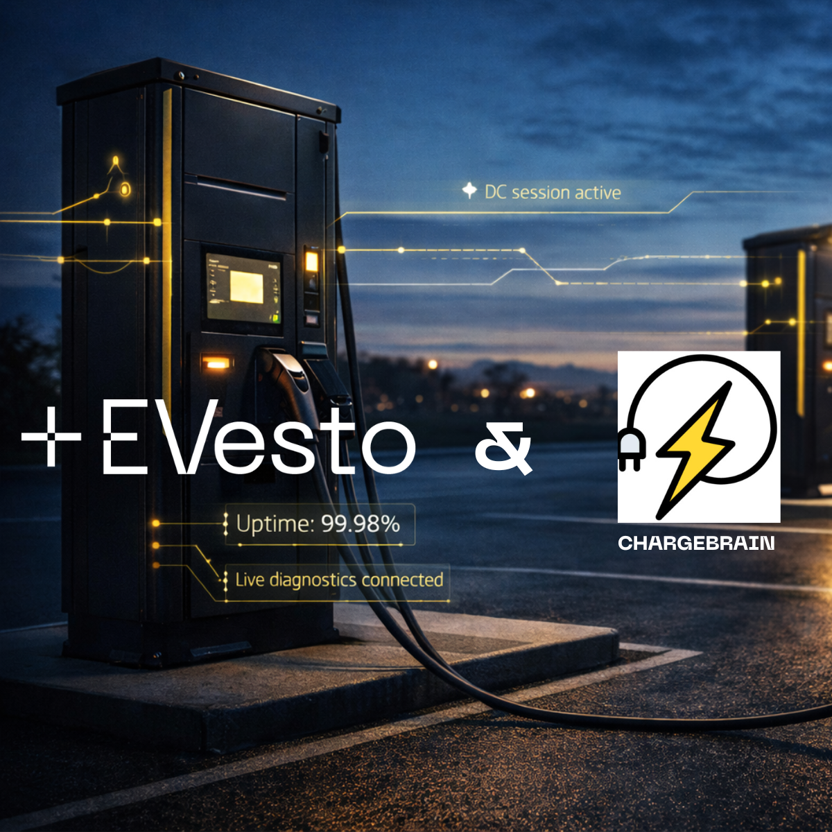 Electric truck charging at a DC fast charging station with real-time diagnostics and uptime monitoring visualised.