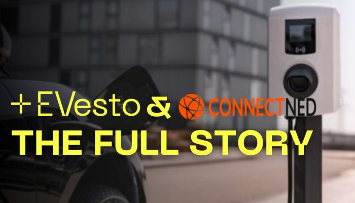 Charging station beside a modern building with EVesto and ConnectNed logos